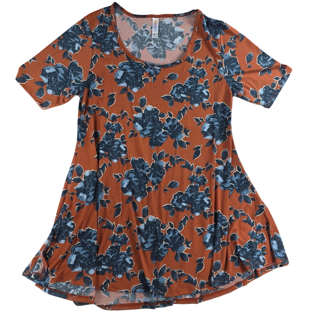 LuLaRoe Women Small Orange Blue Floral‎ Tunic Top Short Sleeve Scoop Neck Boho